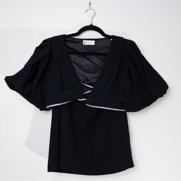 ALC Hazel Crystal Twist Cutout Mini Dress 12 Black Balloon Puff Sleeve Formal - Picture 6 of 16